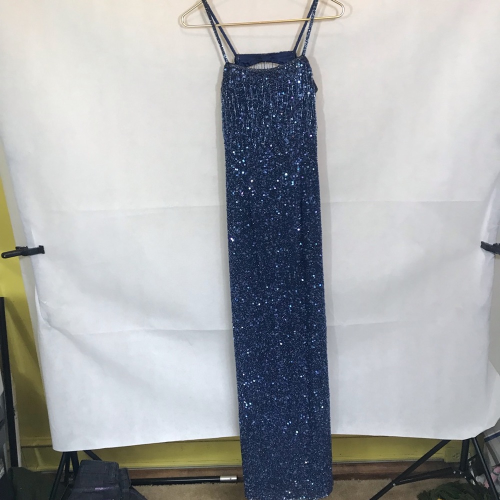 Scala S Less Blue Beaded & Sequined Open Back Maxi Gown